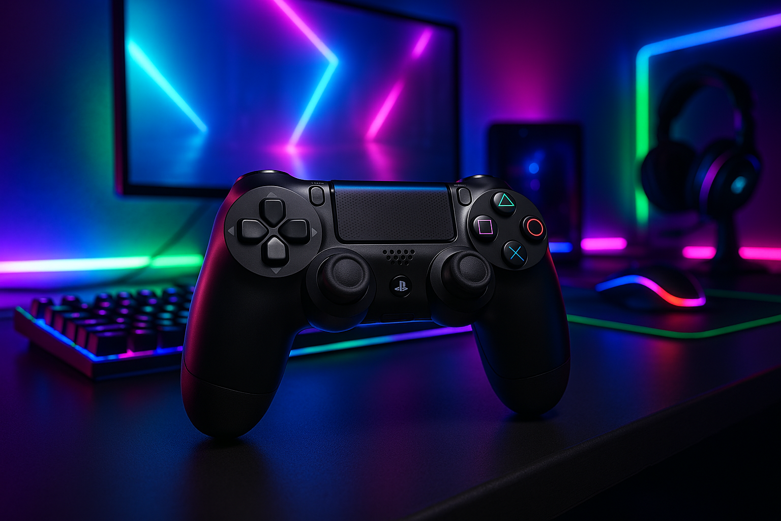 Mando gamer ps4 en un fondo gamer con luces led en un set up gamer